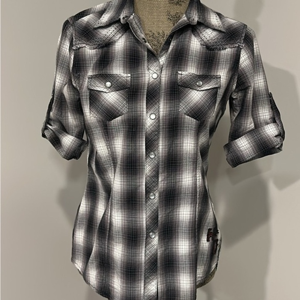 Harley-Davidson Black and Gray Plaid embroidered logo Shirt Size Small